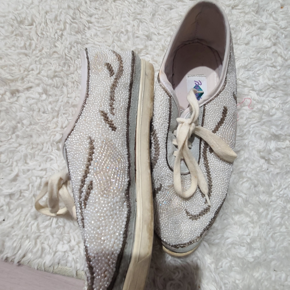 Chic Beaded White and Tan Sneakers